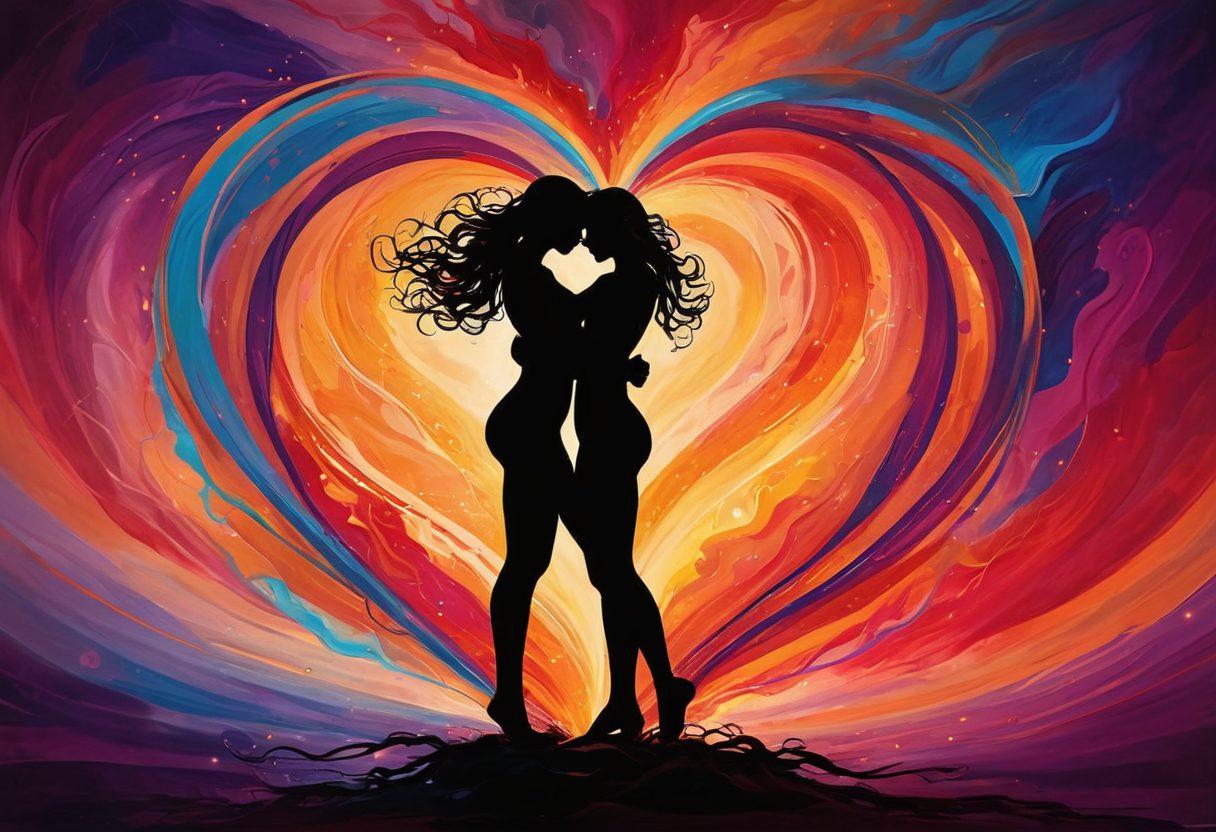 An abstract representation of passion, featuring a silhouette of two entwined figures set against a colorful swirling background symbolizing arousal and intimacy. Include hearts and flames subtly integrated into the design to evoke warmth and connection. Soft glowing lights should enhance the atmosphere, creating a dreamy and inviting feel. vibrant colors. abstract art.