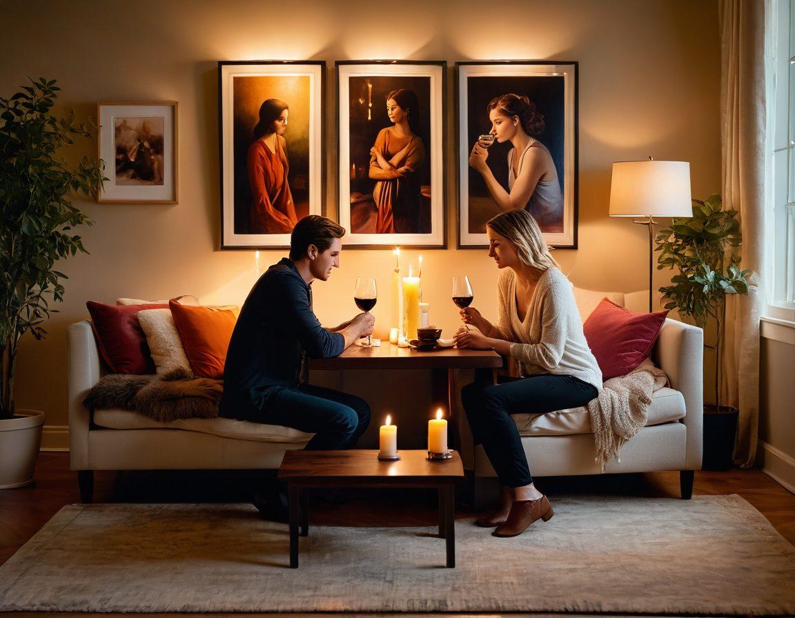 A warm and cozy scene of a couple sharing an intimate moment in a softly lit room, surrounded by beautiful artwork and comfortable furnishings. They are engaged in a deep conversation, with affectionate gestures showing their connection. Subtle elements like candles, a glass of wine, and framed photographs of their journey together enhance the atmosphere. Capture the essence of love and emotional warmth. super-realistic. soft lighting. vibrant colors.