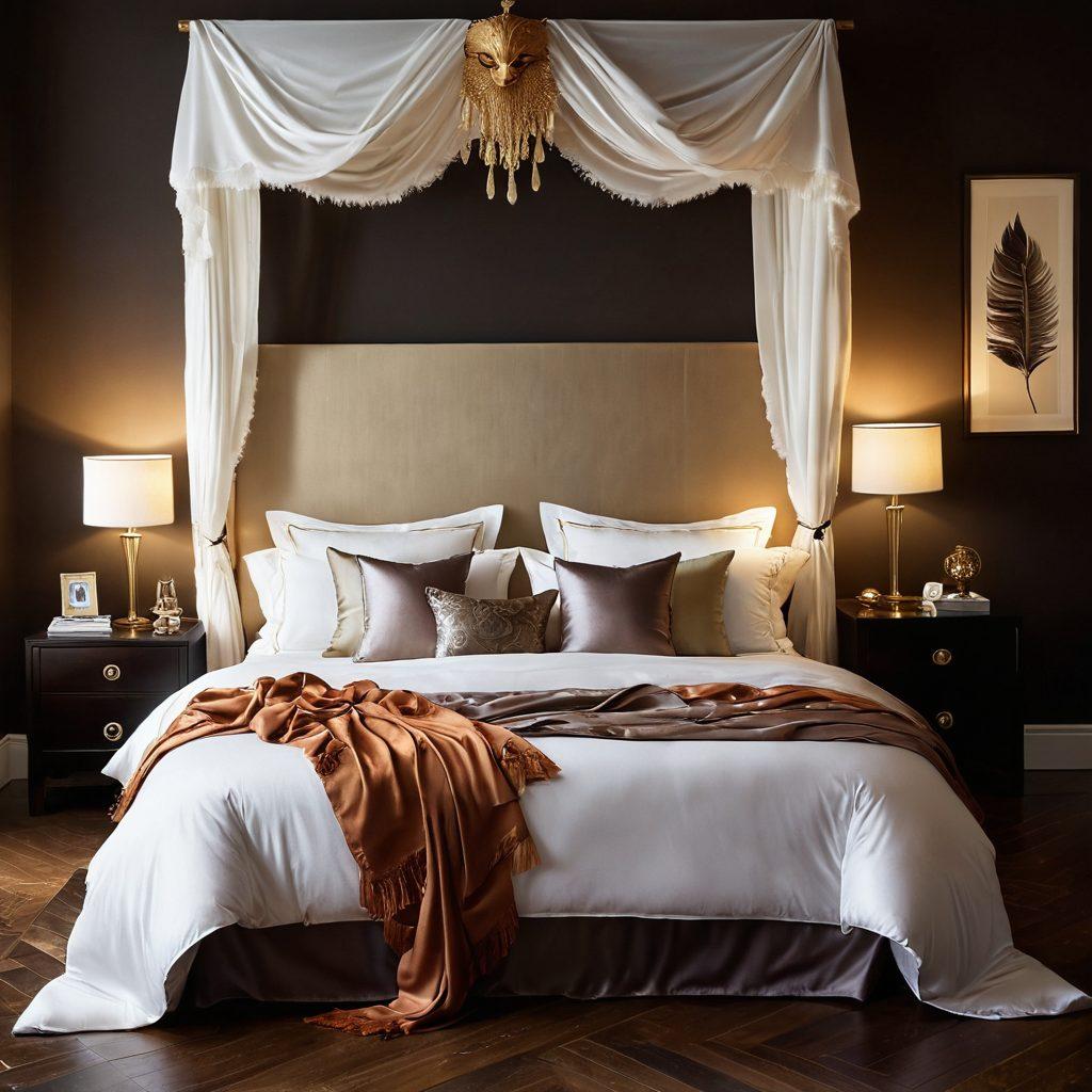 A serene bedroom setting with soft, ambient lighting, featuring a lush bed adorned with silk sheets and sensual accessories like cuffs and feathers. Include subtle symbolic elements representing various fetishes, like a masquerade mask and candles, all evoking a sense of intimacy and exploration. The overall mood should be inviting and sultry, capturing the essence of awakening sensuality. super-realistic. warm tones. soft focus.